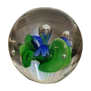 Vintage Hand-blown Flume Art Glass Paperweight Floral Flower‎ Bubble